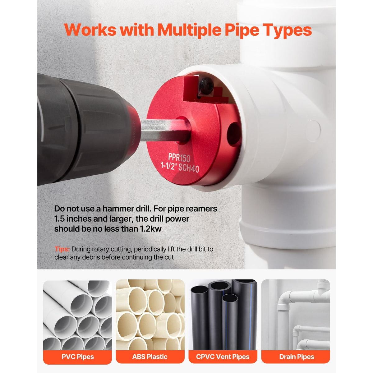 PVC Pipe Reamer Kit, 9-Piece, PVC Fitting Socket Saver, Includes 1/2", 3/4", 1", 1-1/4", 1-1/2", 2", 2-1/2", 3", 4", Fits Standard 1/2" Drills, Plumbing Tool Kit for SCH40 ABS CPVC Drain Pipes