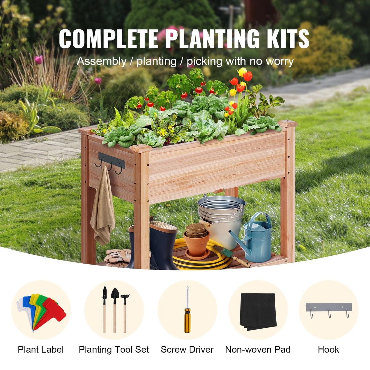 Raised Garden Bed, 34 x 18 x 30 in Wooden Planter Box, Elevated Outdoor Planting Boxes with Legs, for Growing Flowers/Vegetables/Herbs in Backyard/Garden/Patio/Balcony, Burlywood