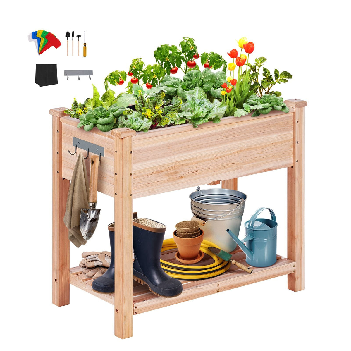 Raised Garden Bed, 34 x 18 x 30 in Wooden Planter Box, Elevated Outdoor Planting Boxes with Legs, for Growing Flowers/Vegetables/Herbs in Backyard/Garden/Patio/Balcony, Burlywood