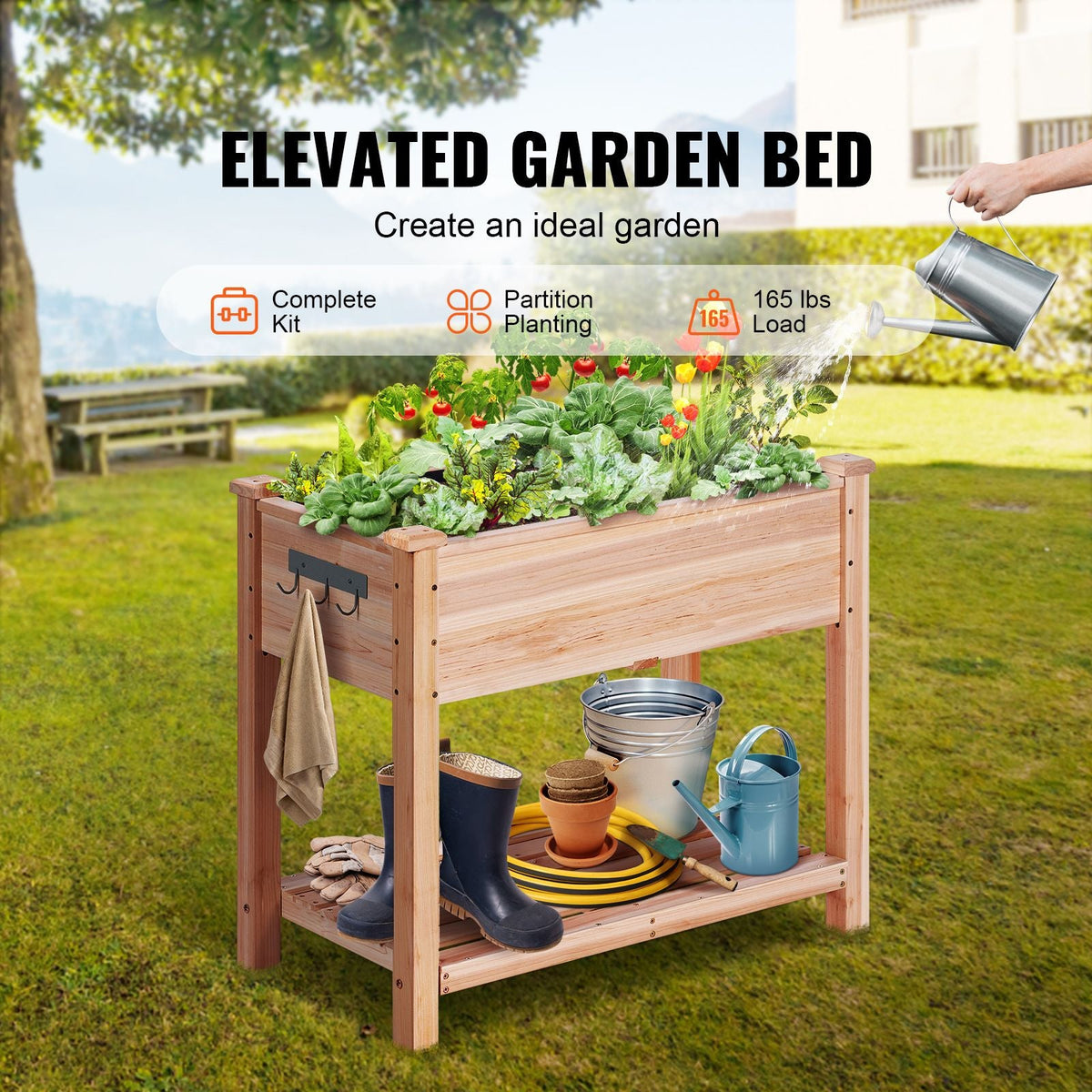 Raised Garden Bed, 34 x 18 x 30 in Wooden Planter Box, Elevated Outdoor Planting Boxes with Legs, for Growing Flowers/Vegetables/Herbs in Backyard/Garden/Patio/Balcony, Burlywood