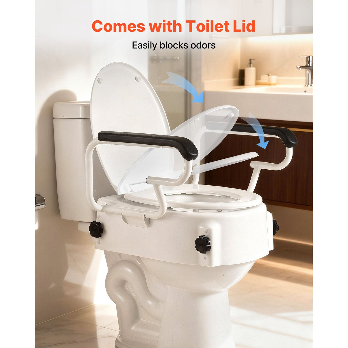 Raised Toilet Seat with Arms, 300 lbs Load Capacity, 3-Level Adjustable Height, Widened Commode Elevated Toilet Seat Riser with Padded Handles for Seniors, Elderly, Handicap, Disabled, Adults