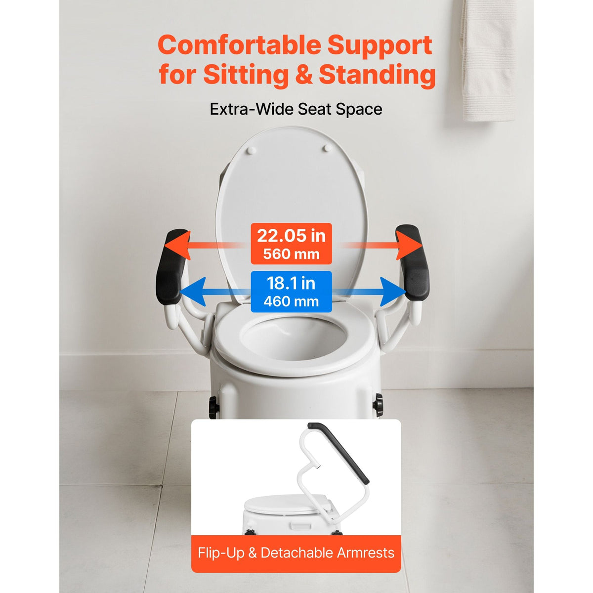 Raised Toilet Seat with Arms, 300 lbs Load Capacity, 3-Level Adjustable Height, Widened Commode Elevated Toilet Seat Riser with Padded Handles for Seniors, Elderly, Handicap, Disabled, Adults