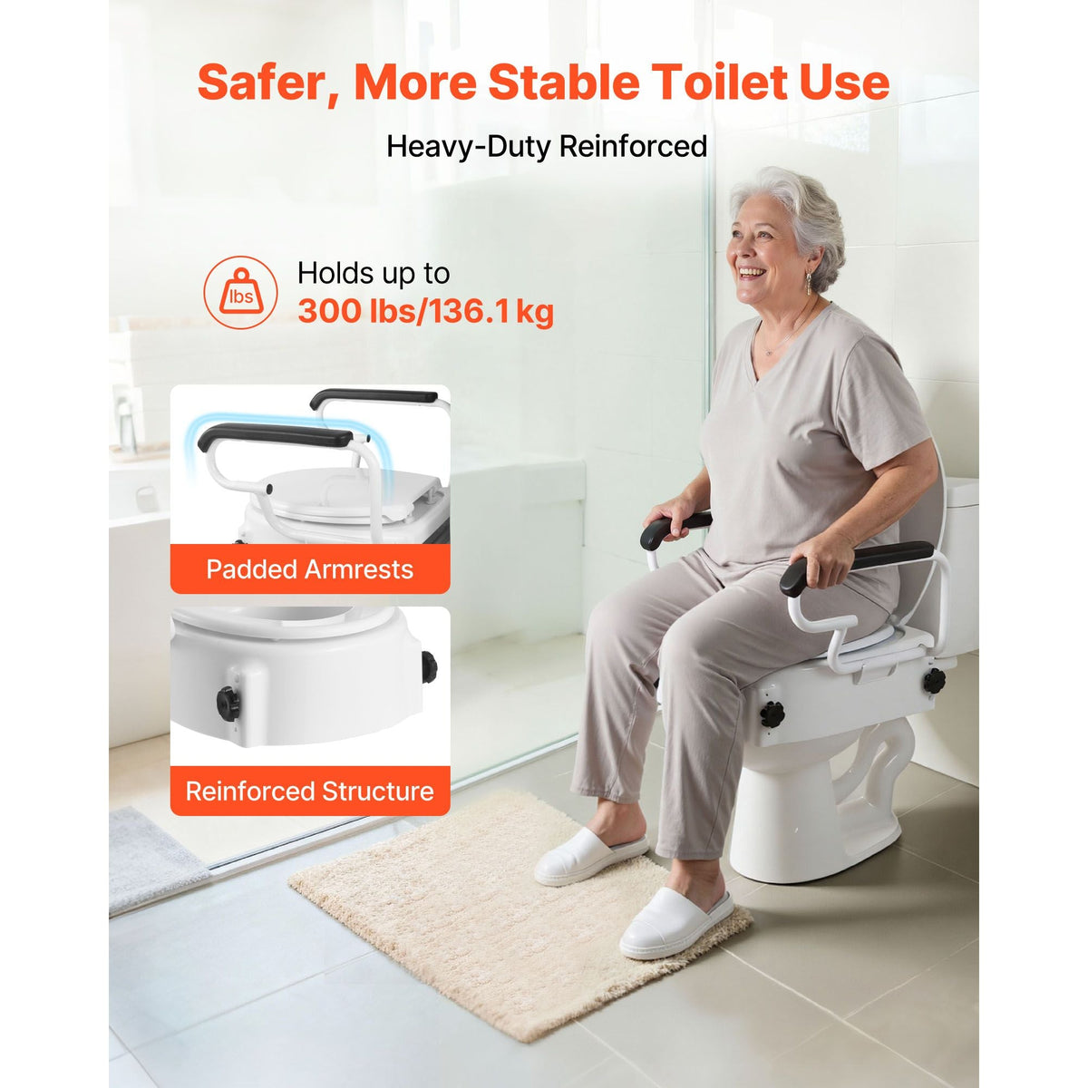 Raised Toilet Seat with Arms, 300 lbs Load Capacity, 3-Level Adjustable Height, Widened Commode Elevated Toilet Seat Riser with Padded Handles for Seniors, Elderly, Handicap, Disabled, Adults