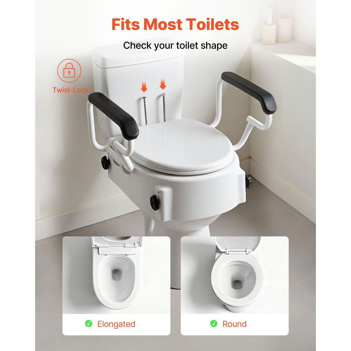 Raised Toilet Seat with Arms, 300 lbs Load Capacity, 3-Level Adjustable Height, Widened Commode Elevated Toilet Seat Riser with Padded Handles for Seniors, Elderly, Handicap, Disabled, Adults
