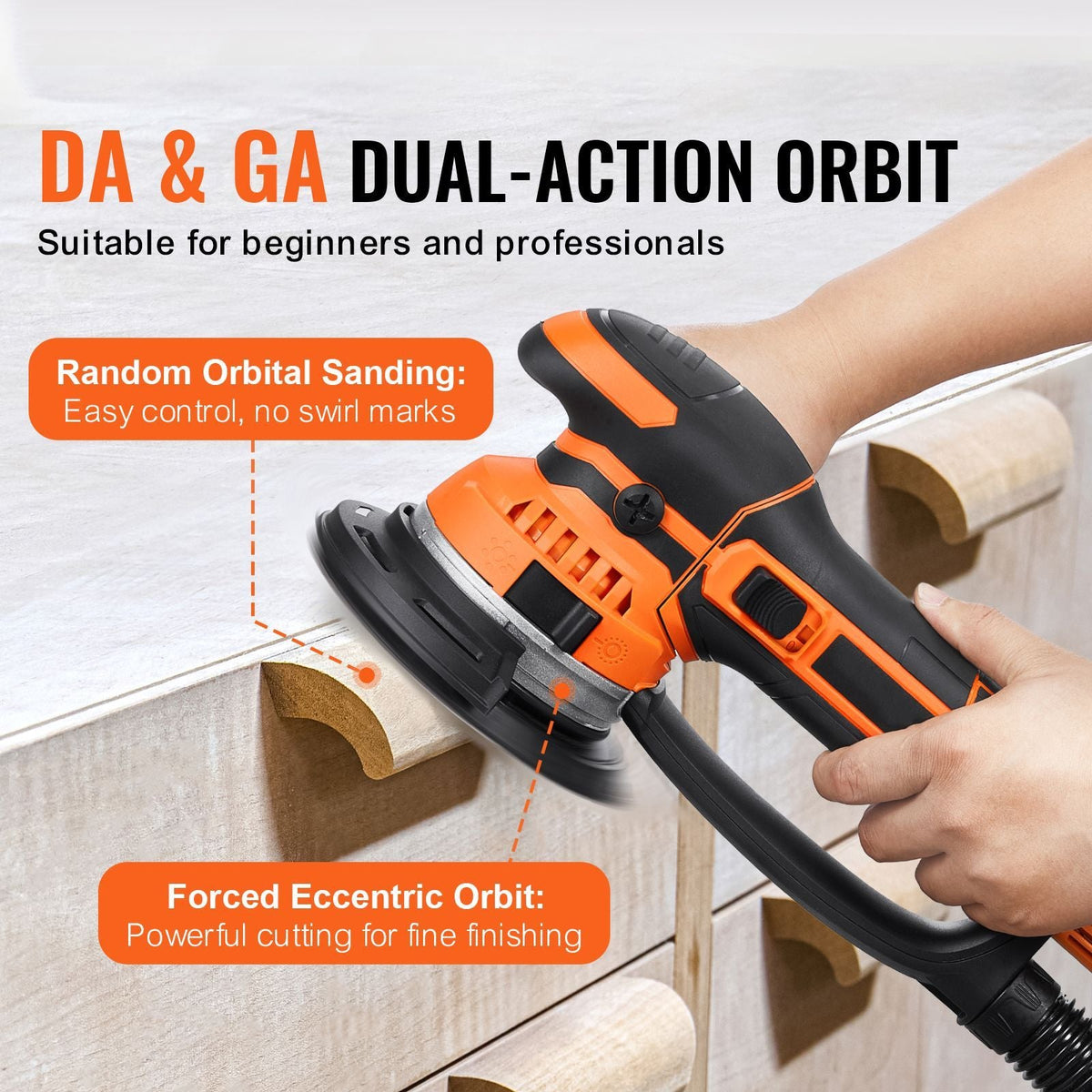 Random Orbital Sander, 6-Inch DA & GA Dual Action Orbital Sander, 850W 7400PRM 6 Variable Speed Electric Palm Sander with 10PCS Sandpapers, Dust Connector for Woodworking Detailing Sanding