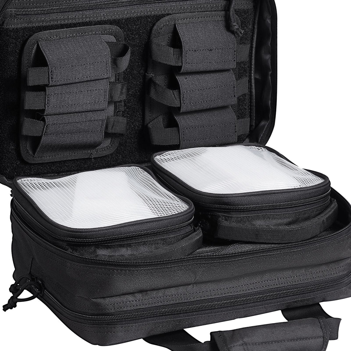 Range Bag for 2 Pistols, Tactical Gun Bag with 2 Built-in Removable Pistol Bags & 6 Detachable Magazines, Gun Range Bag for Outdoor Hunting Shooting, Lockable Carrying Handgun Bag Case, Black