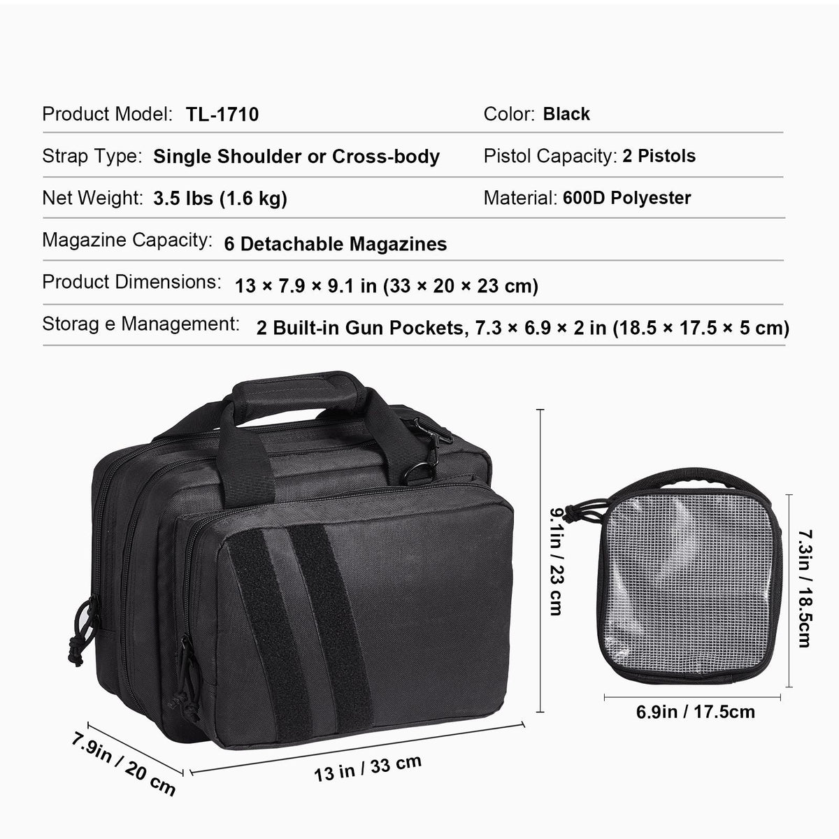 Range Bag for 2 Pistols, Tactical Gun Bag with 2 Built-in Removable Pistol Bags & 6 Detachable Magazines, Gun Range Bag for Outdoor Hunting Shooting, Lockable Carrying Handgun Bag Case, Black