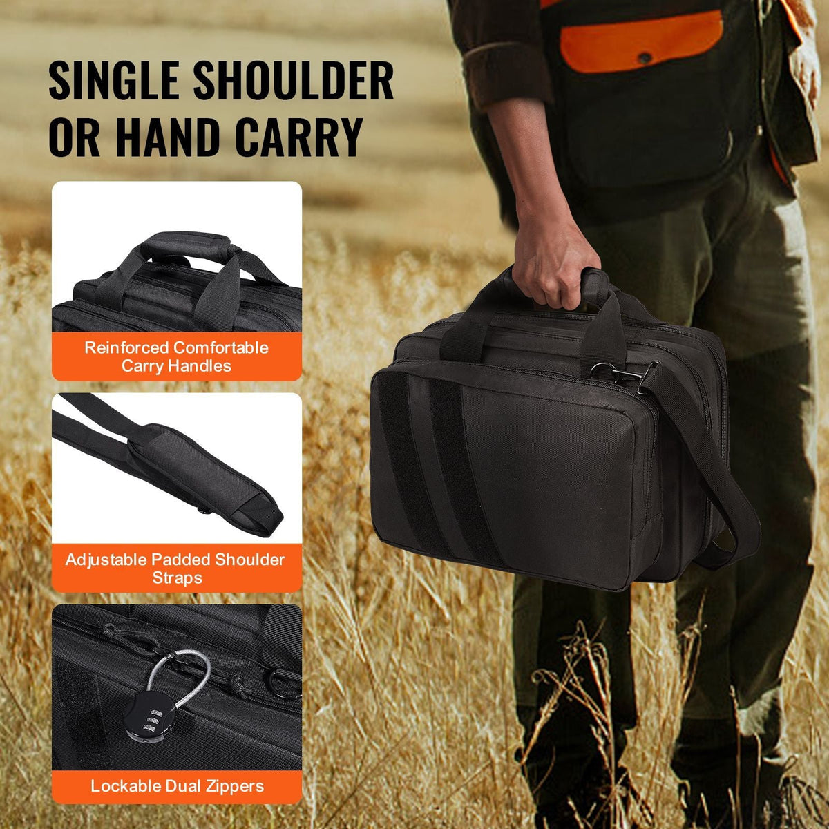 Range Bag for 2 Pistols, Tactical Gun Bag with 2 Built-in Removable Pistol Bags & 6 Detachable Magazines, Gun Range Bag for Outdoor Hunting Shooting, Lockable Carrying Handgun Bag Case, Black