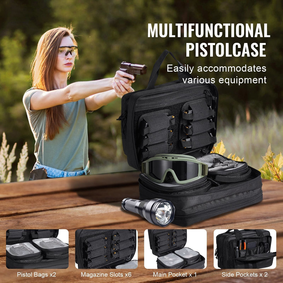 Range Bag for 2 Pistols, Tactical Gun Bag with 2 Built-in Removable Pistol Bags & 6 Detachable Magazines, Gun Range Bag for Outdoor Hunting Shooting, Lockable Carrying Handgun Bag Case, Black