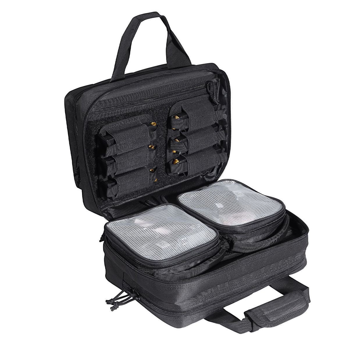 Range Bag for 2 Pistols, Tactical Gun Bag with 2 Built-in Removable Pistol Bags & 6 Detachable Magazines, Gun Range Bag for Outdoor Hunting Shooting, Lockable Carrying Handgun Bag Case, Black