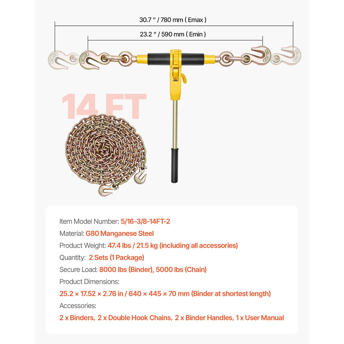 Ratchet Chain Binder, 5/16 in x 12.8 ft G80 Chains, 8000 lbs Working Load of Ratchet Load Binder, Chains and Binders Set, Tie Down Hauling Chain Binders for Hauling, Towing, Logging (2 Sets)