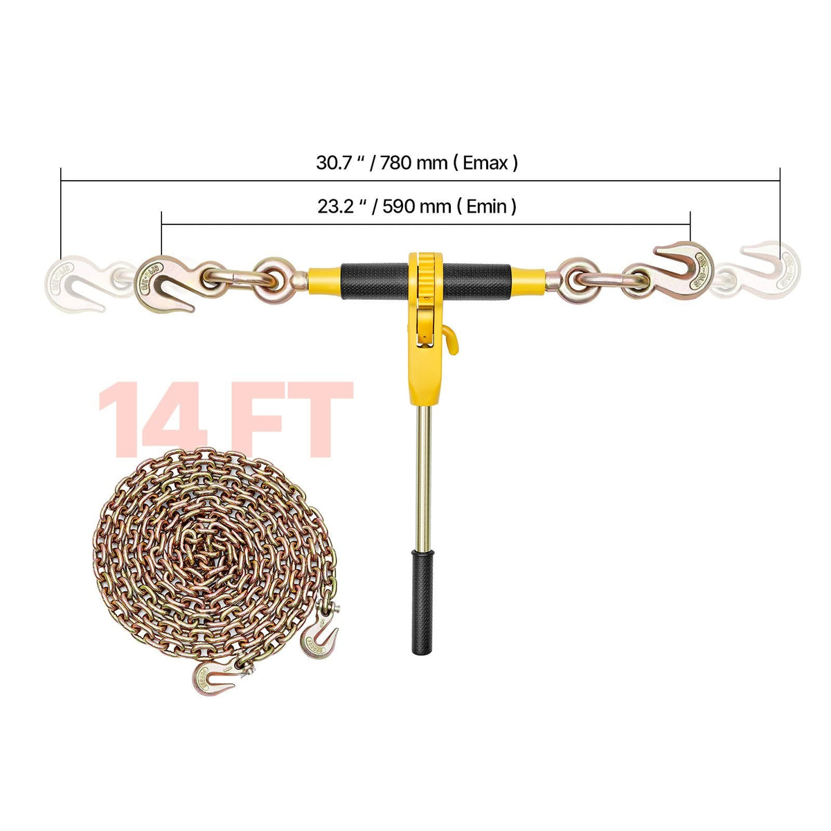 Ratchet Chain Binder, 5/16 in x 12.8 ft G80 Chains, 8000 lbs Working Load of Ratchet Load Binder, Chains and Binders Set, Tie Down Hauling Chain Binders for Hauling, Towing, Logging (2 Sets)