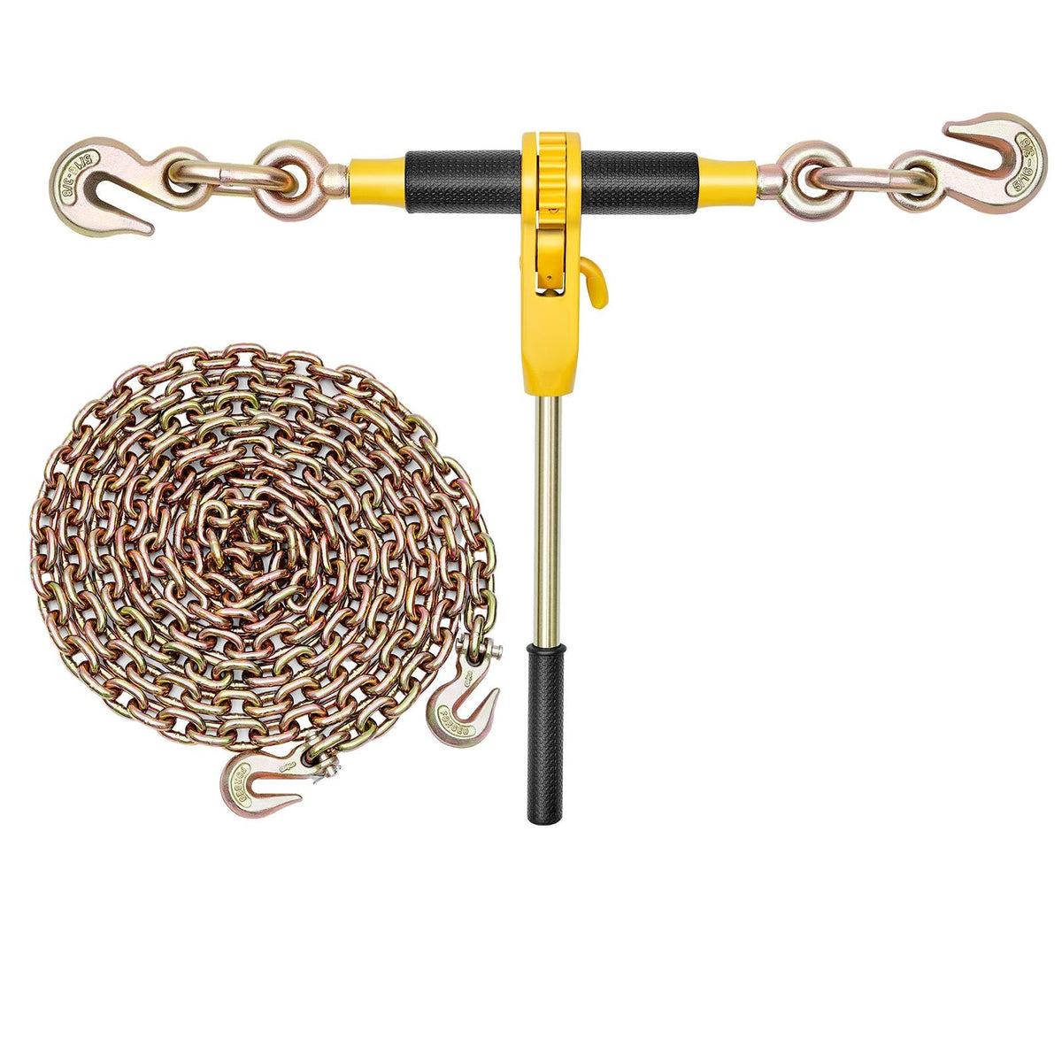 Ratchet Chain Binder, 5/16 in x 12.8 ft G80 Chains, 8000 lbs Working Load of Ratchet Load Binder, Chains and Binders Set, Tie Down Hauling Chain Binders for Hauling, Towing, Logging (2 Sets)