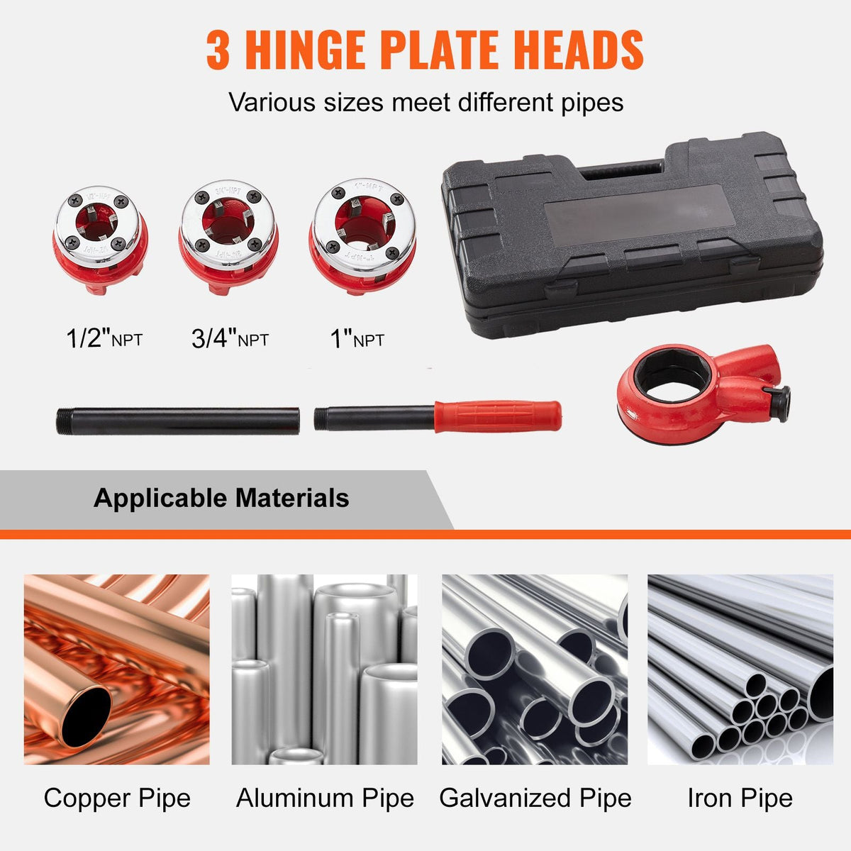 Ratchet Pipe Threader Kit, 1/2" NPT, 3/4" NPT, 1" NPT Manual Ratcheting Pipe Threader, Portable Pipe Threading Tool Set with 3PCS NPT Dies, Storage Case for Galvanized Aluminum Iron Copper Pipes