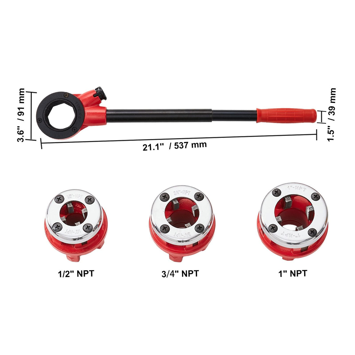 Ratchet Pipe Threader Kit, 1/2" NPT, 3/4" NPT, 1" NPT Manual Ratcheting Pipe Threader, Portable Pipe Threading Tool Set with 3PCS NPT Dies, Storage Case for Galvanized Aluminum Iron Copper Pipes