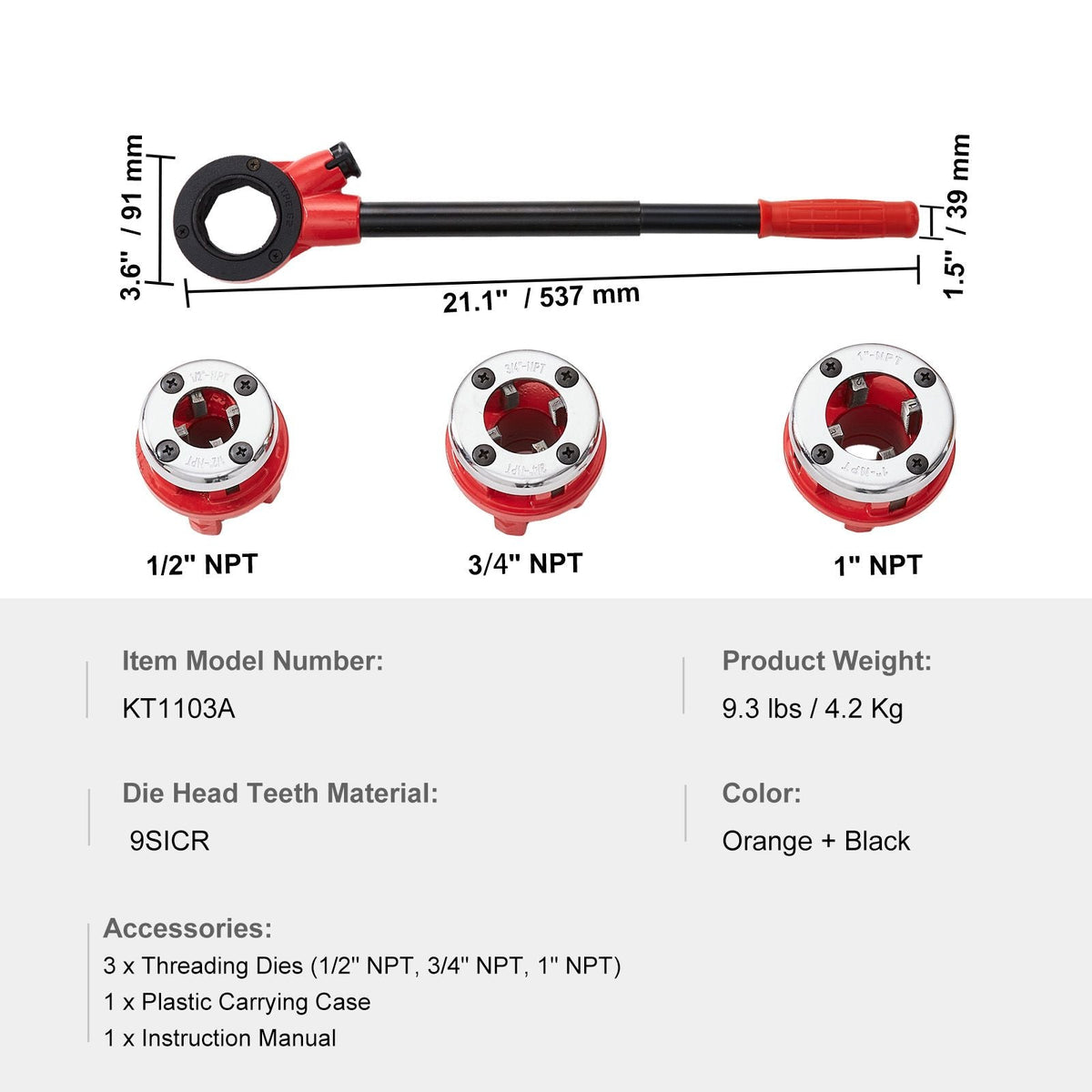 Ratchet Pipe Threader Kit, 1/2" NPT, 3/4" NPT, 1" NPT Manual Ratcheting Pipe Threader, Portable Pipe Threading Tool Set with 3PCS NPT Dies, Storage Case for Galvanized Aluminum Iron Copper Pipes