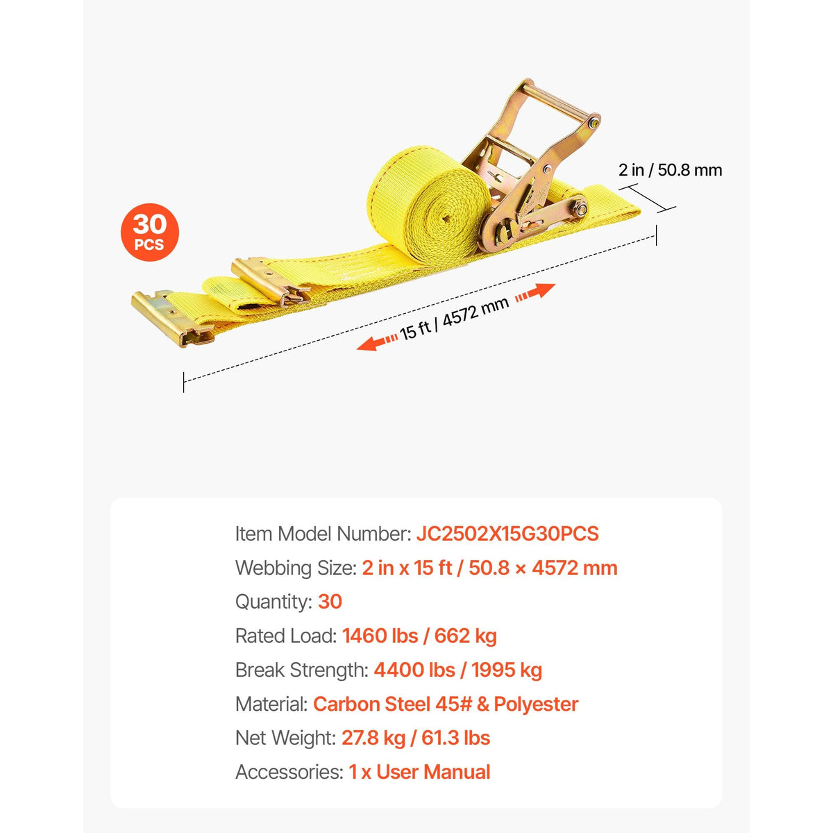 Ratchet Straps, 2 in x 15 ft, 30 Pack E-Track Tie Down Straps, 4400 lbs Break Strength & 1460 lbs Rated Load, Tie Down Ratcheting for Moving, Trailers, Motorcycles, Kayaks, Car Roof, Yellow