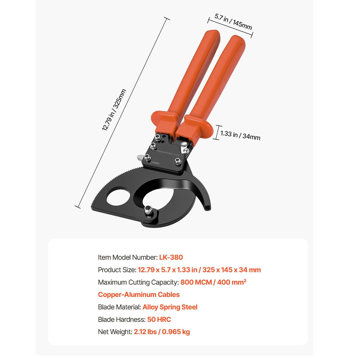 Ratcheting Cable Cutter, Spring Steel Blades with PVC-Coated Handles, Quick-Release Button, Heavy Duty Ratchet Cable Wire Cutter for Cutting Copper & Aluminum Cables Up to 800 MCM / 400 mm²