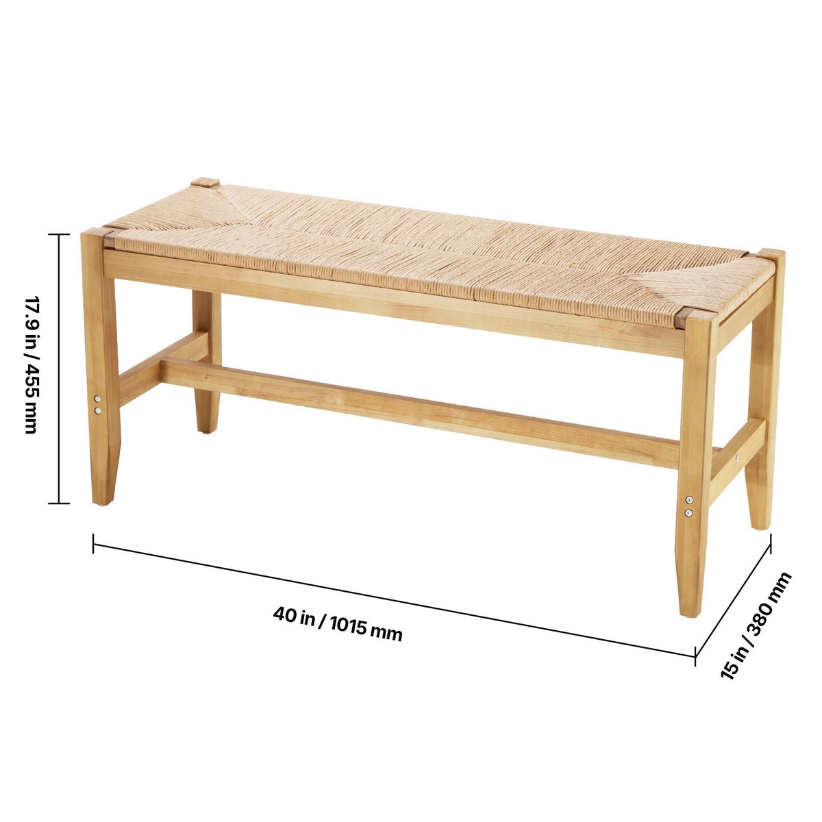 Rattan Bench, 40" Wooden Rattan Bench, Entrywway Bench with Oak Wood Legs, Bedroom End of Bed Boho Bench with Hand Woven Rattan, for Living Room, Kitchen