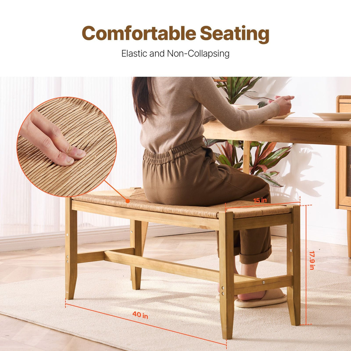 Rattan Bench, 40" Wooden Rattan Bench, Entrywway Bench with Oak Wood Legs, Bedroom End of Bed Boho Bench with Hand Woven Rattan, for Living Room, Kitchen