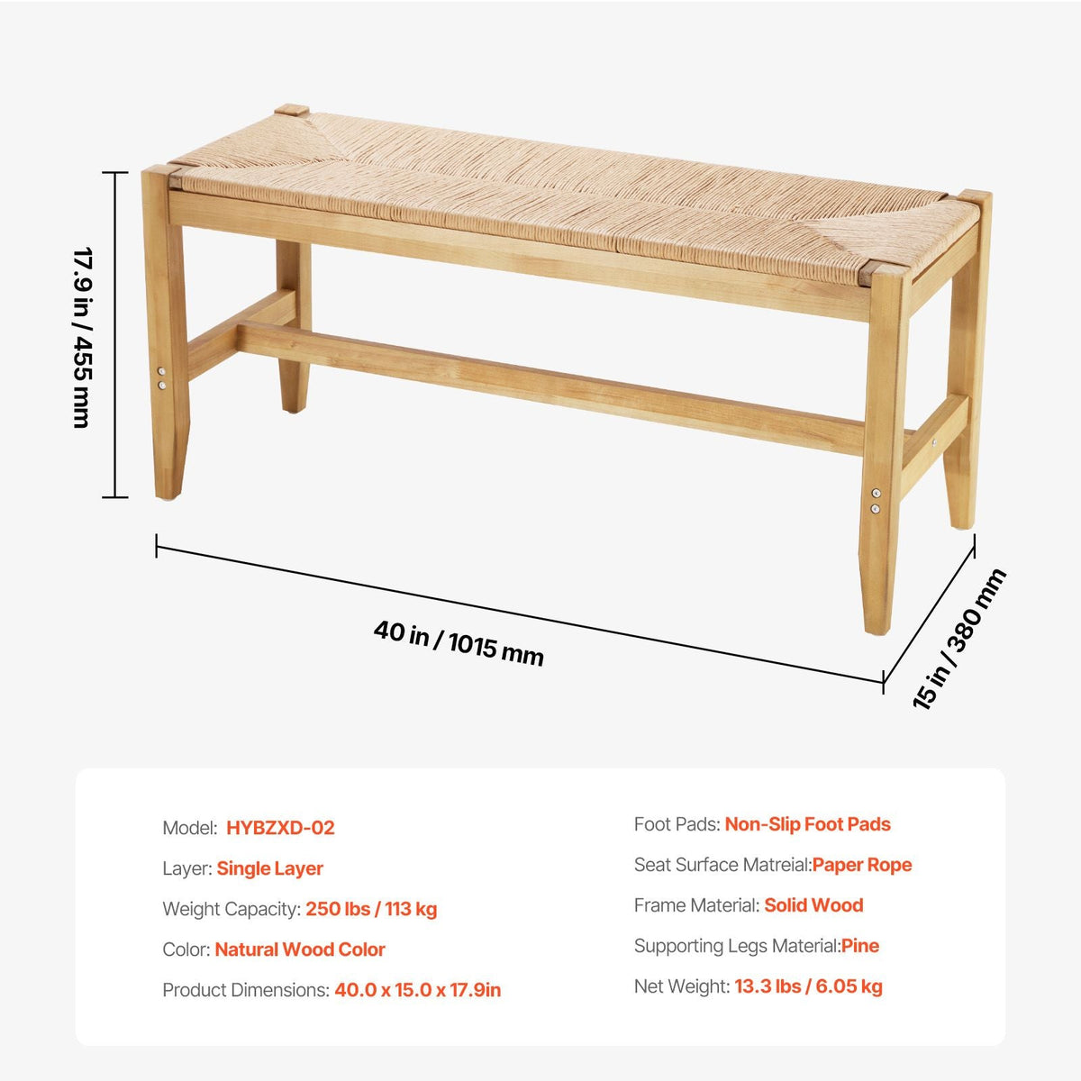 Rattan Bench, 40" Wooden Rattan Bench, Entrywway Bench with Oak Wood Legs, Bedroom End of Bed Boho Bench with Hand Woven Rattan, for Living Room, Kitchen
