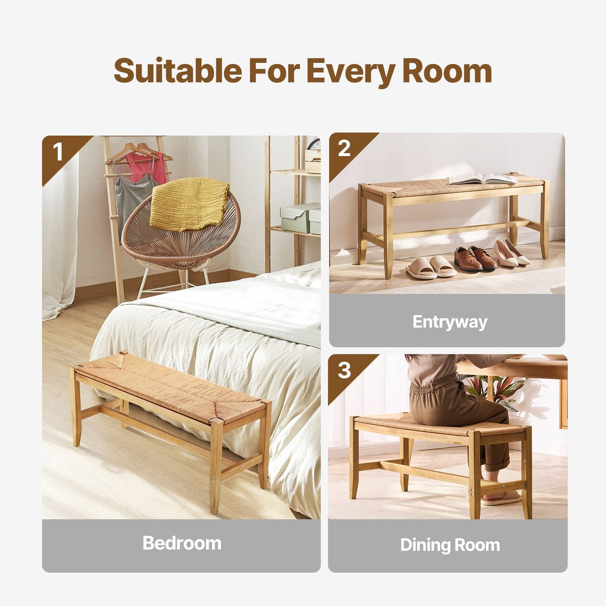 Rattan Bench, 40" Wooden Rattan Bench, Entrywway Bench with Oak Wood Legs, Bedroom End of Bed Boho Bench with Hand Woven Rattan, for Living Room, Kitchen