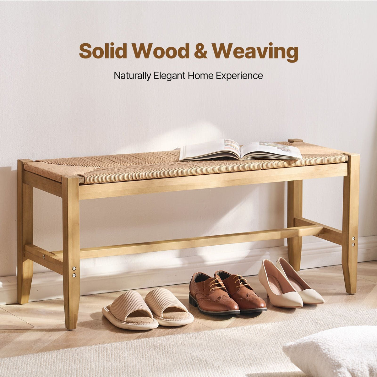 Rattan Bench, 40" Wooden Rattan Bench, Entrywway Bench with Oak Wood Legs, Bedroom End of Bed Boho Bench with Hand Woven Rattan, for Living Room, Kitchen