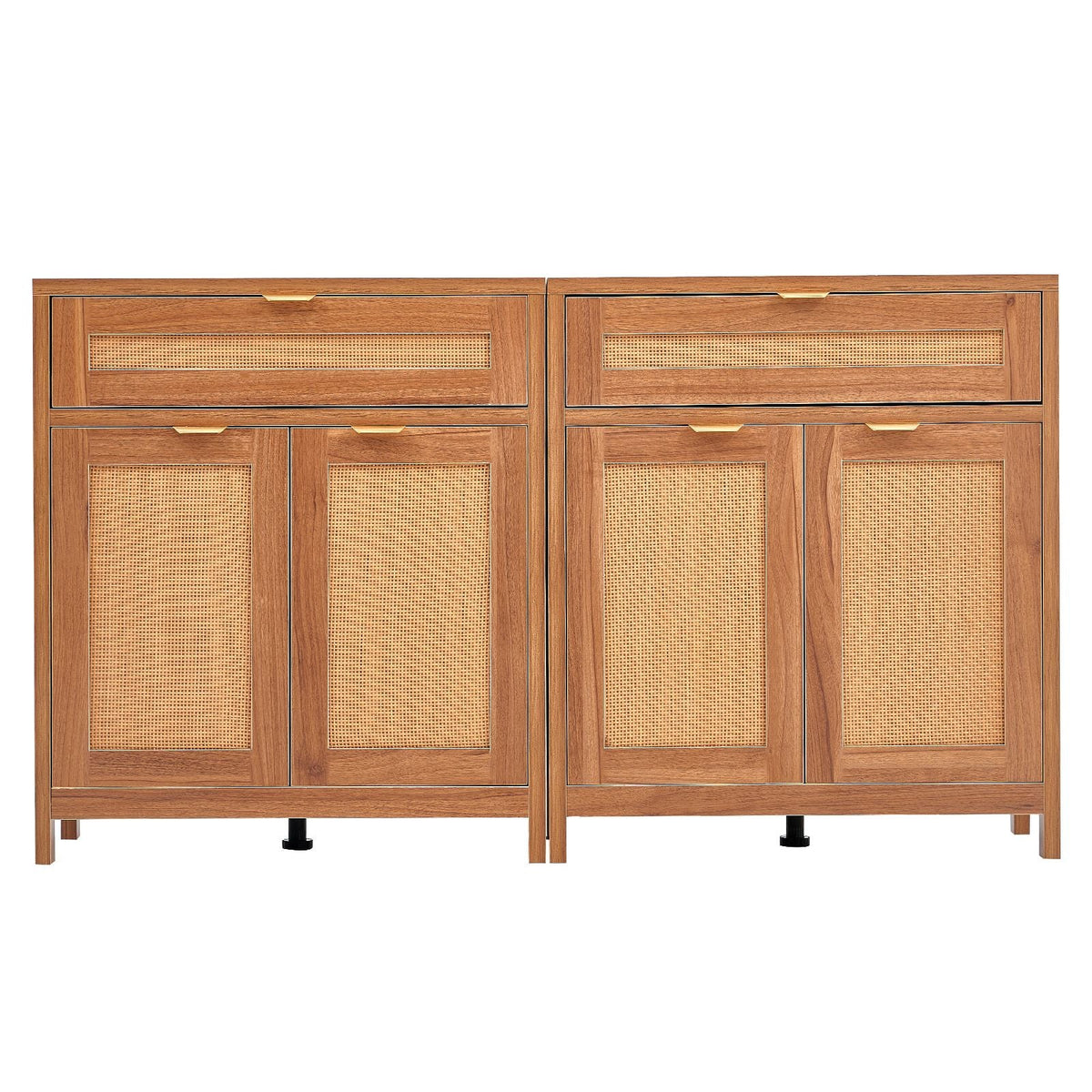 Rattan Cabinet, Set of 2, Rattan Storage Cabinet with 4 Magnetic Doors and 2 Drawers, Sideboard Buffet Cabinet with Adjustable Shelves, for Hallway, Entryway, Living Room, or Kitchen, Natural