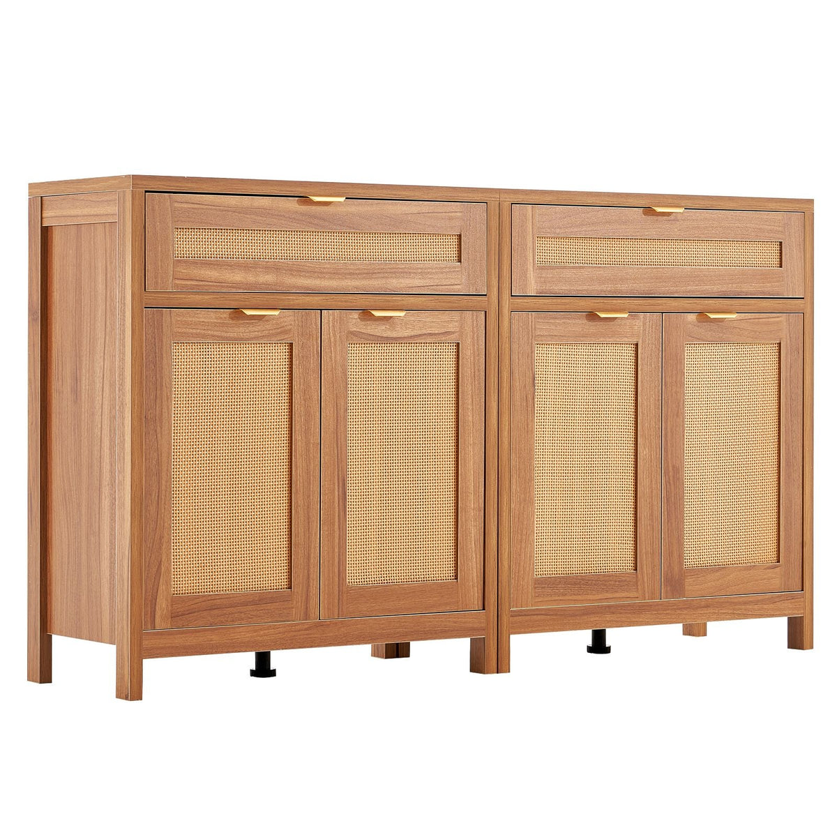 Rattan Cabinet, Set of 2, Rattan Storage Cabinet with 4 Magnetic Doors and 2 Drawers, Sideboard Buffet Cabinet with Adjustable Shelves, for Hallway, Entryway, Living Room, or Kitchen, Natural