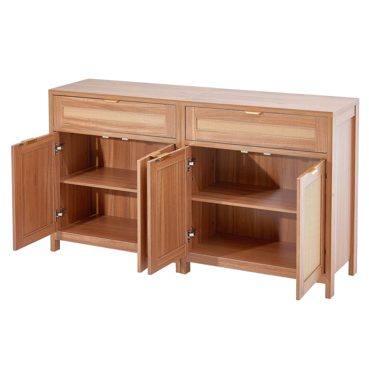 Rattan Cabinet, Set of 2, Rattan Storage Cabinet with 4 Magnetic Doors and 2 Drawers, Sideboard Buffet Cabinet with Adjustable Shelves, for Hallway, Entryway, Living Room, or Kitchen, Natural