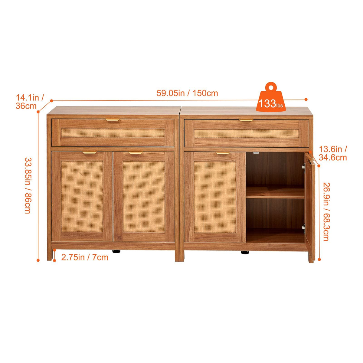 Rattan Cabinet, Set of 2, Rattan Storage Cabinet with 4 Magnetic Doors and 2 Drawers, Sideboard Buffet Cabinet with Adjustable Shelves, for Hallway, Entryway, Living Room, or Kitchen, Natural