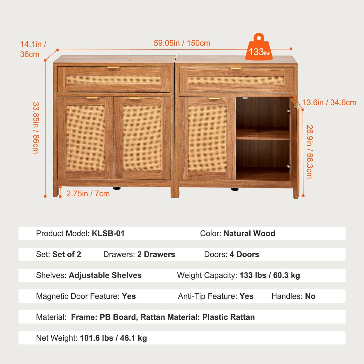 Rattan Cabinet, Set of 2, Rattan Storage Cabinet with 4 Magnetic Doors and 2 Drawers, Sideboard Buffet Cabinet with Adjustable Shelves, for Hallway, Entryway, Living Room, or Kitchen, Natural