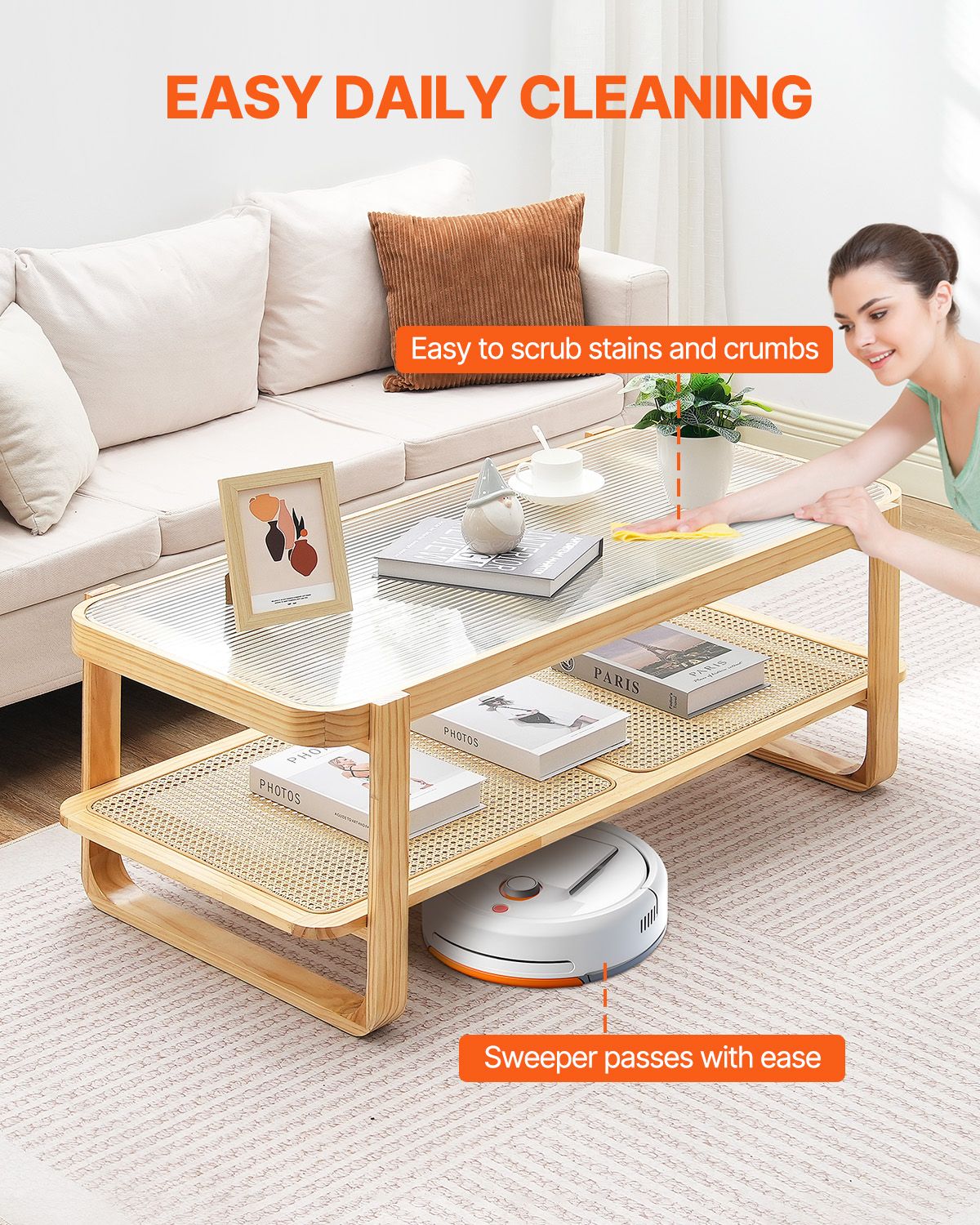 Rattan Coffee Table, Rectangle Rattan Woven Wood Coffee Table with Tempered Glass Top, 45-Inch Modern Boho Storage Coffee Table with Natural Wood Legs, for Living Room, Bedroom & Small Spaces