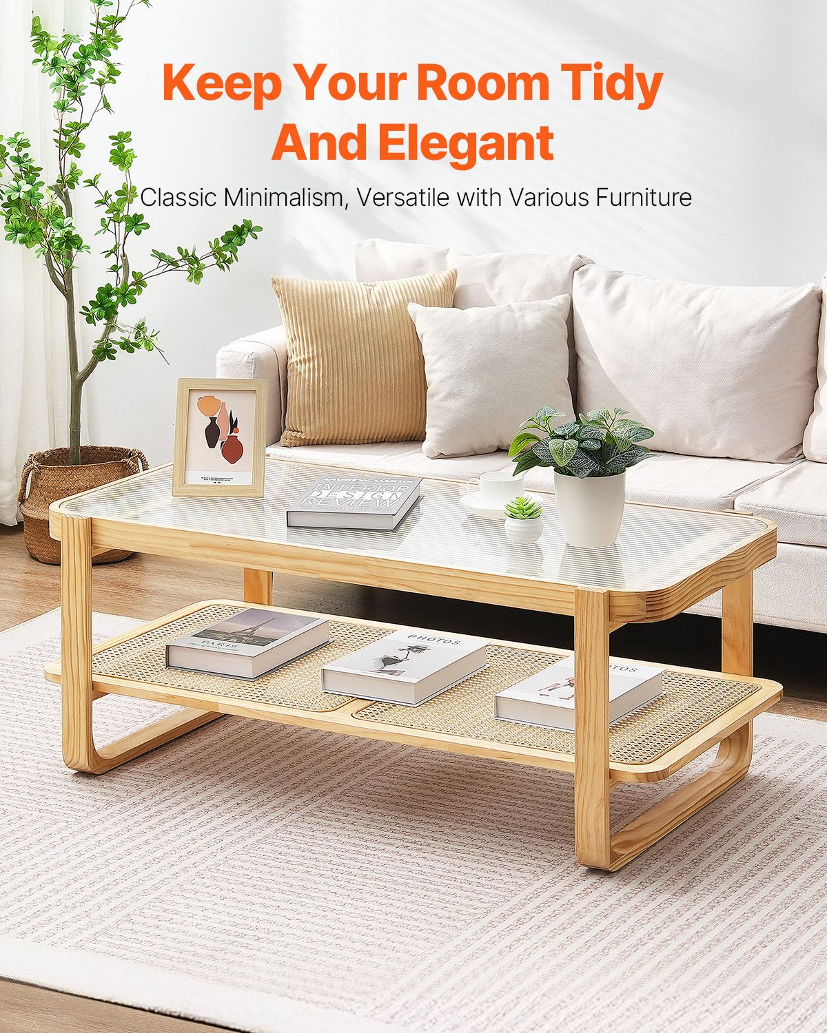 Rattan Coffee Table, Rectangle Rattan Woven Wood Coffee Table with Tempered Glass Top, 45-Inch Modern Boho Storage Coffee Table with Natural Wood Legs, for Living Room, Bedroom & Small Spaces
