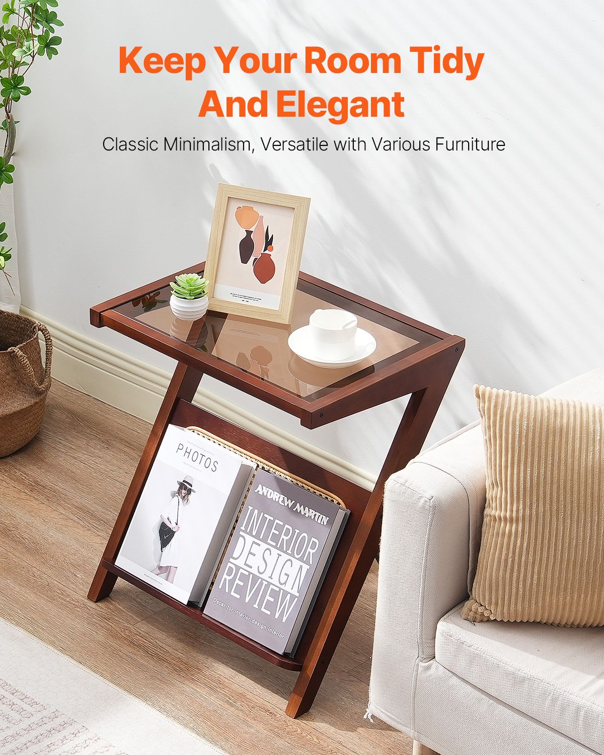 Rattan Coffee Table, Z-Shaped Rattan Woven Bamboo Coffee Table with Tempered Glass Top, 20' Modern Boho Storage Coffee Table with Natural Bamboo Legs, for Living Room, Bedroom & Small Spaces