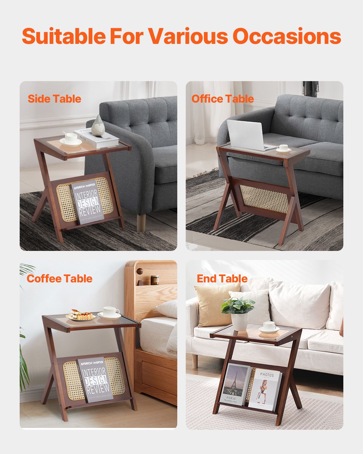 Rattan Coffee Table, Z-Shaped Rattan Woven Bamboo Coffee Table with Tempered Glass Top, 20' Modern Boho Storage Coffee Table with Natural Bamboo Legs, for Living Room, Bedroom & Small Spaces
