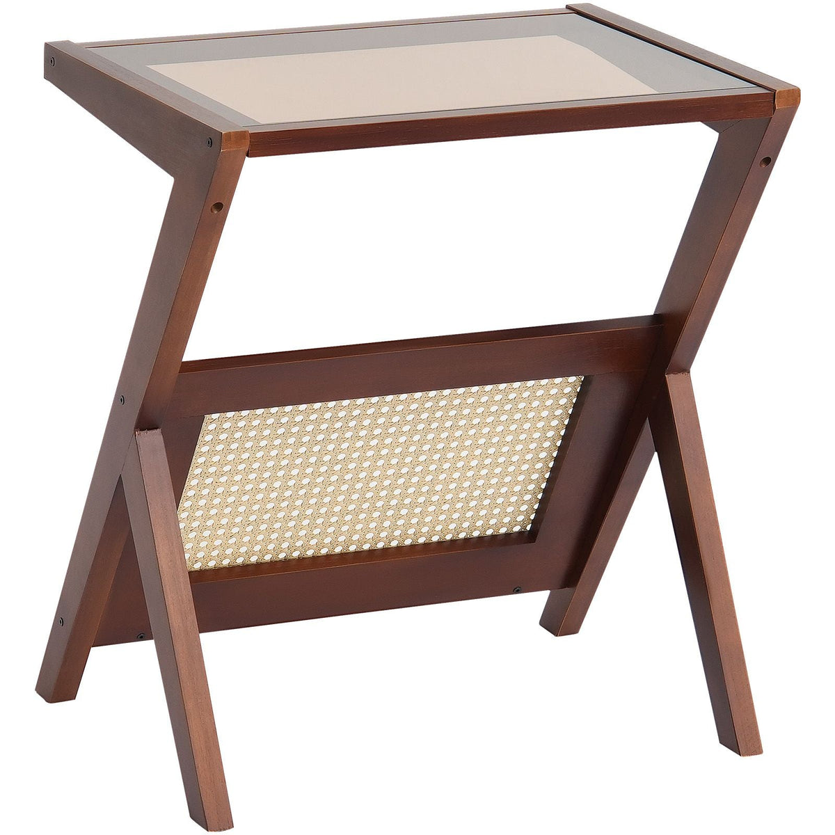 Rattan Coffee Table, Z-Shaped Rattan Woven Bamboo Coffee Table with Tempered Glass Top, 20' Modern Boho Storage Coffee Table with Natural Bamboo Legs, for Living Room, Bedroom & Small Spaces