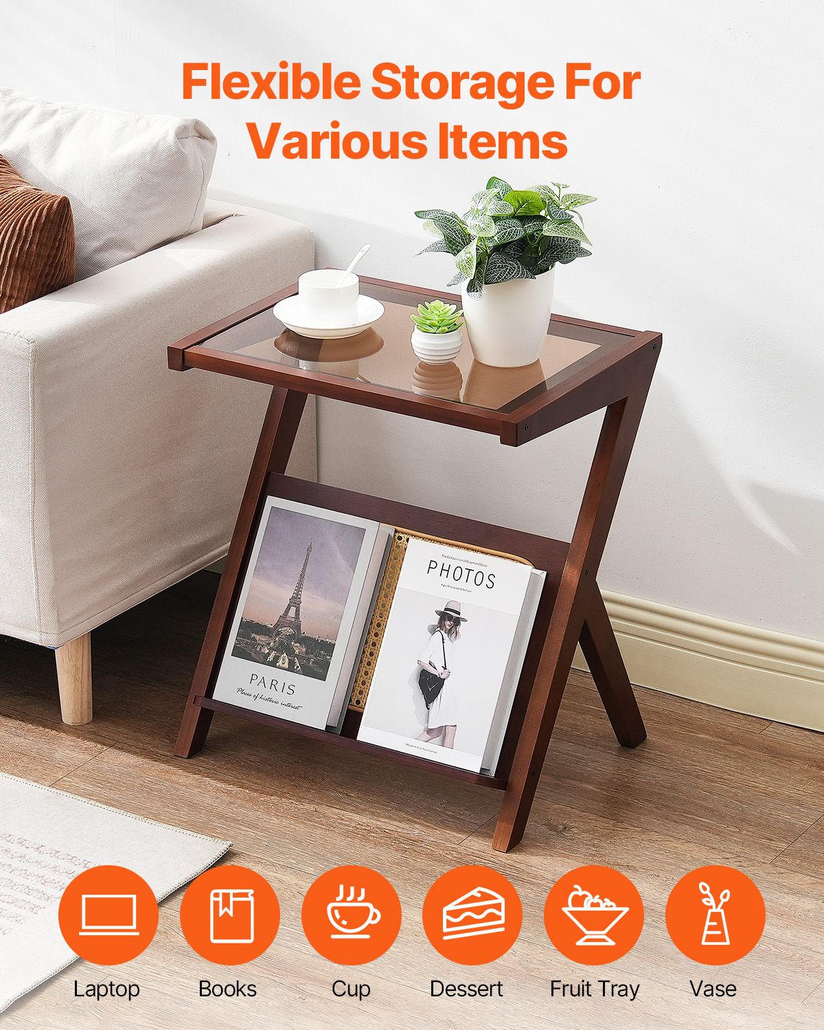 Rattan Coffee Table, Z-Shaped Rattan Woven Bamboo Coffee Table with Tempered Glass Top, 20' Modern Boho Storage Coffee Table with Natural Bamboo Legs, for Living Room, Bedroom & Small Spaces
