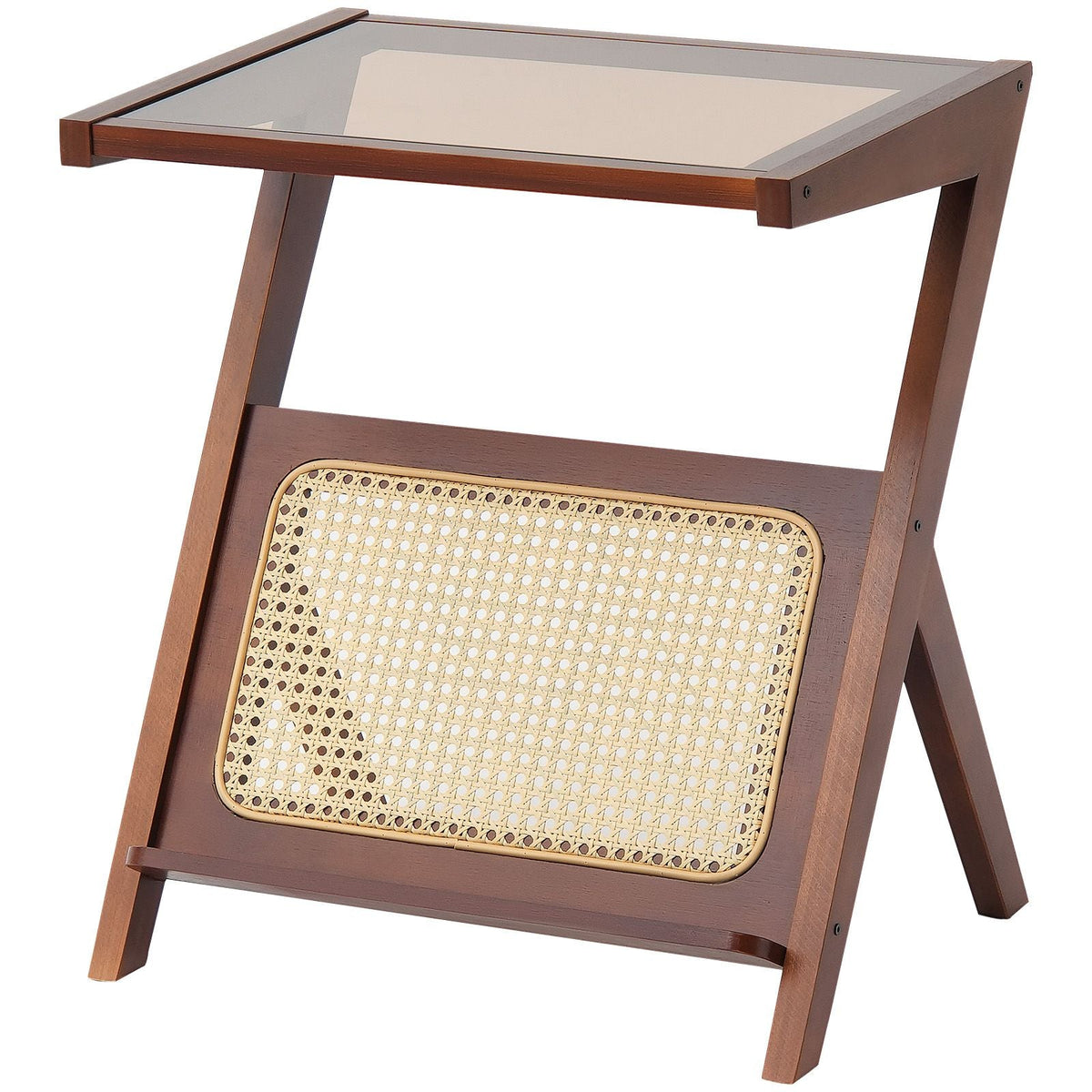 Rattan Coffee Table, Z-Shaped Rattan Woven Bamboo Coffee Table with Tempered Glass Top, 20' Modern Boho Storage Coffee Table with Natural Bamboo Legs, for Living Room, Bedroom & Small Spaces