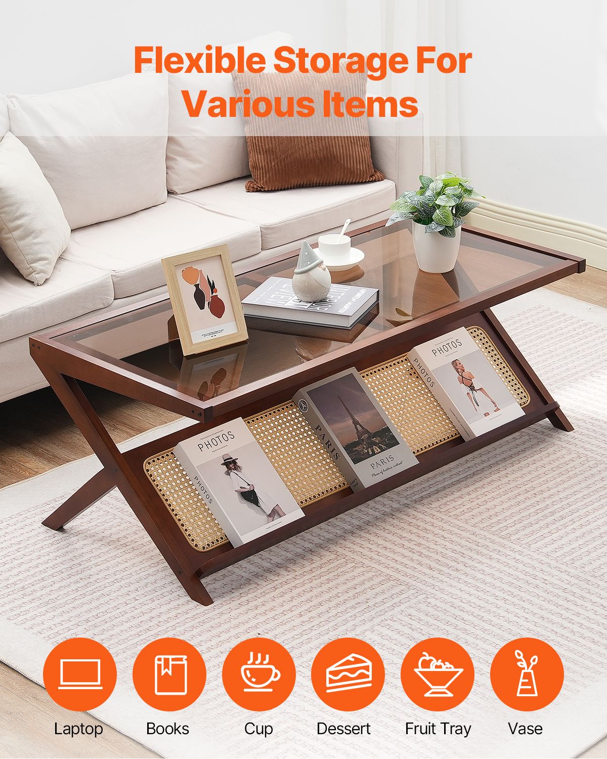 Rattan Coffee Table, Z-Shaped Rattan Woven Bamboo Coffee Table with Tempered Glass Top, 47' Modern Boho Storage Coffee Table with Natural Bamboo Legs, for Living Room, Bedroom & Small Spaces