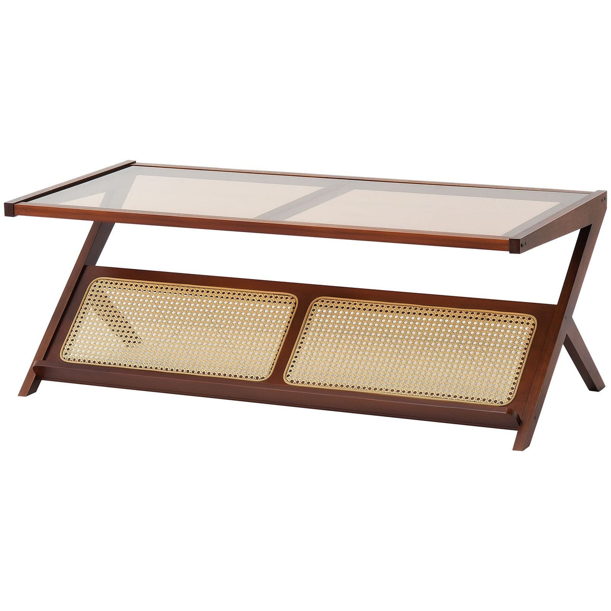 Rattan Coffee Table, Z-Shaped Rattan Woven Bamboo Coffee Table with Tempered Glass Top, 47' Modern Boho Storage Coffee Table with Natural Bamboo Legs, for Living Room, Bedroom & Small Spaces