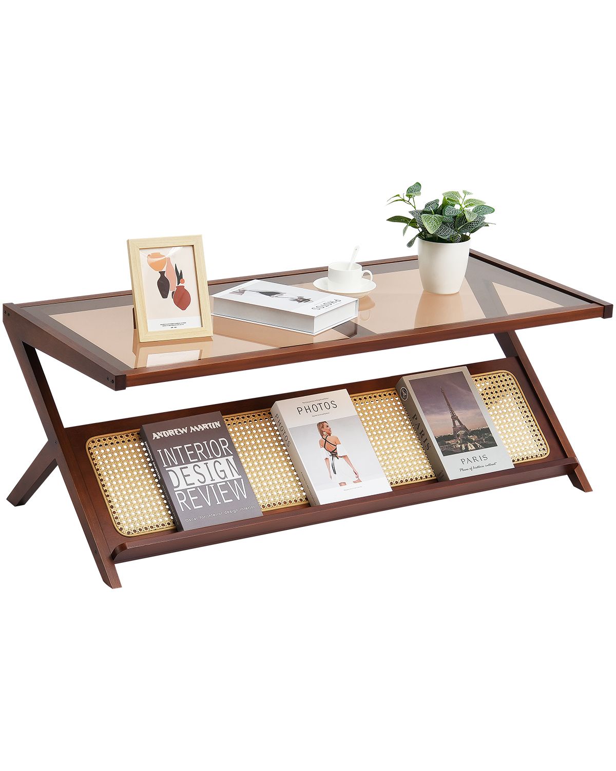 Rattan Coffee Table, Z-Shaped Rattan Woven Bamboo Coffee Table with Tempered Glass Top, 47' Modern Boho Storage Coffee Table with Natural Bamboo Legs, for Living Room, Bedroom & Small Spaces