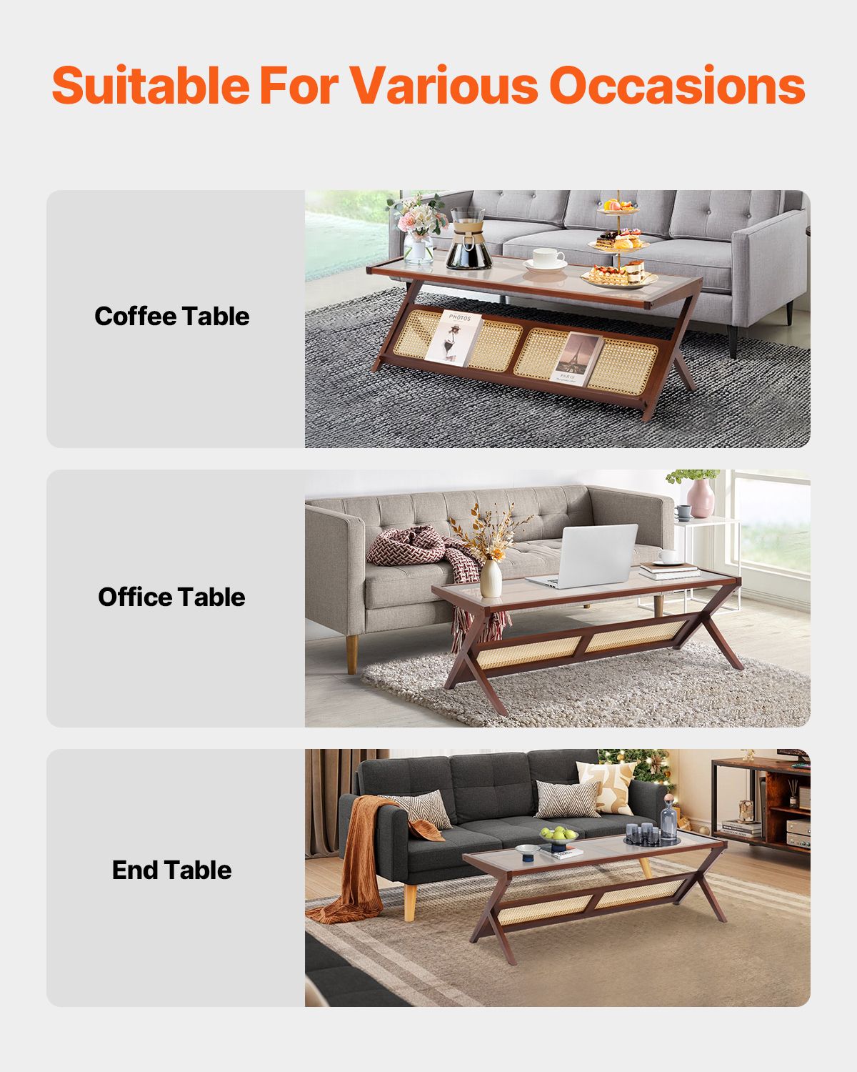 Rattan Coffee Table, Z-Shaped Rattan Woven Bamboo Coffee Table with Tempered Glass Top, 47' Modern Boho Storage Coffee Table with Natural Bamboo Legs, for Living Room, Bedroom & Small Spaces
