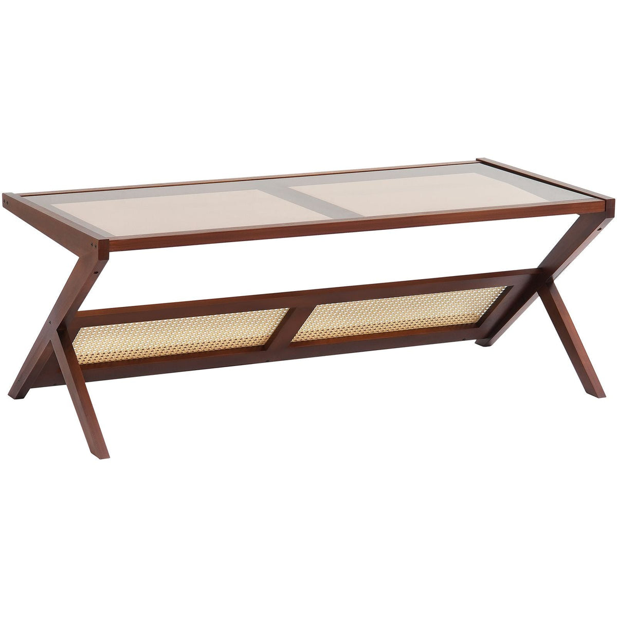 Rattan Coffee Table, Z-Shaped Rattan Woven Bamboo Coffee Table with Tempered Glass Top, 47' Modern Boho Storage Coffee Table with Natural Bamboo Legs, for Living Room, Bedroom & Small Spaces