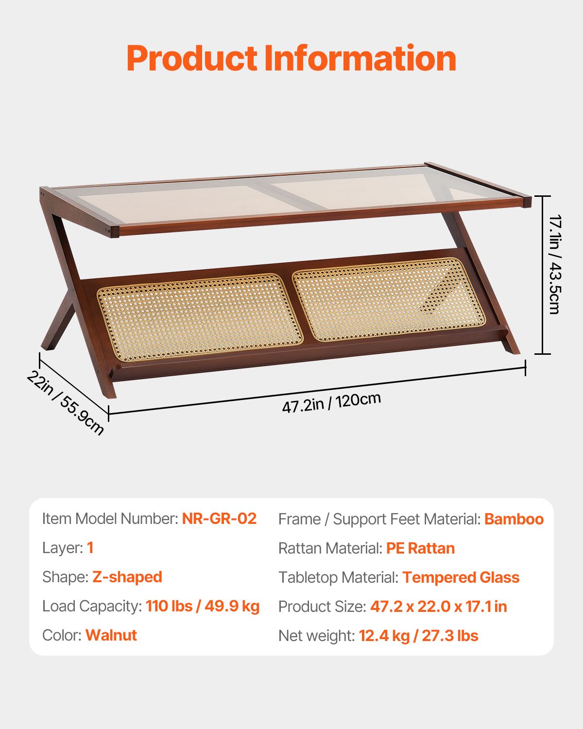Rattan Coffee Table, Z-Shaped Rattan Woven Bamboo Coffee Table with Tempered Glass Top, 47' Modern Boho Storage Coffee Table with Natural Bamboo Legs, for Living Room, Bedroom & Small Spaces
