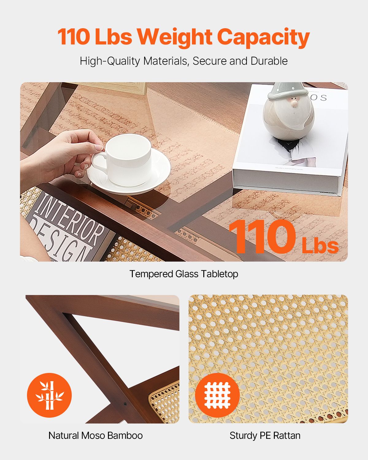 Rattan Coffee Table, Z-Shaped Rattan Woven Bamboo Coffee Table with Tempered Glass Top, 47' Modern Boho Storage Coffee Table with Natural Bamboo Legs, for Living Room, Bedroom & Small Spaces
