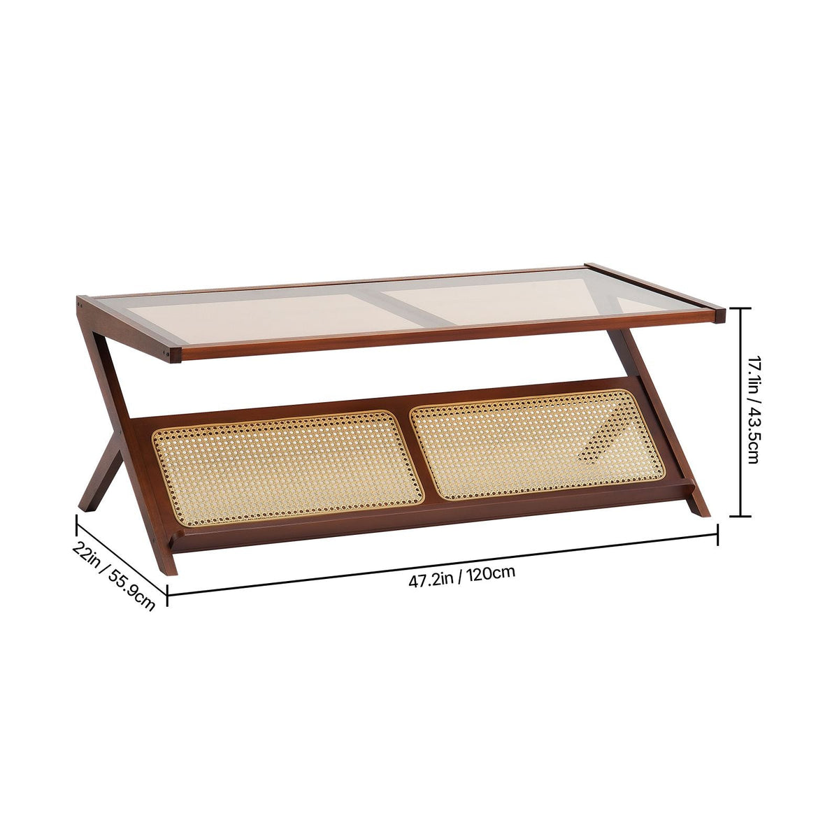 Rattan Coffee Table, Z-Shaped Rattan Woven Bamboo Coffee Table with Tempered Glass Top, 47' Modern Boho Storage Coffee Table with Natural Bamboo Legs, for Living Room, Bedroom & Small Spaces