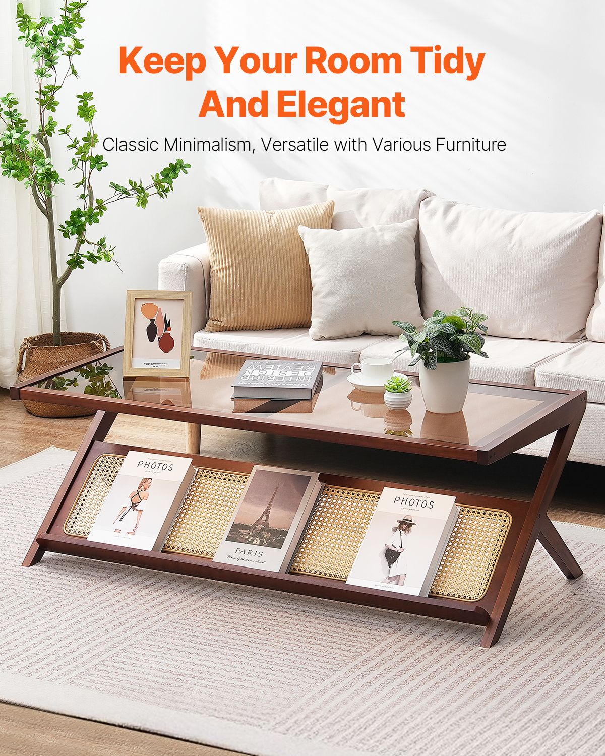 Rattan Coffee Table, Z-Shaped Rattan Woven Bamboo Coffee Table with Tempered Glass Top, 47' Modern Boho Storage Coffee Table with Natural Bamboo Legs, for Living Room, Bedroom & Small Spaces