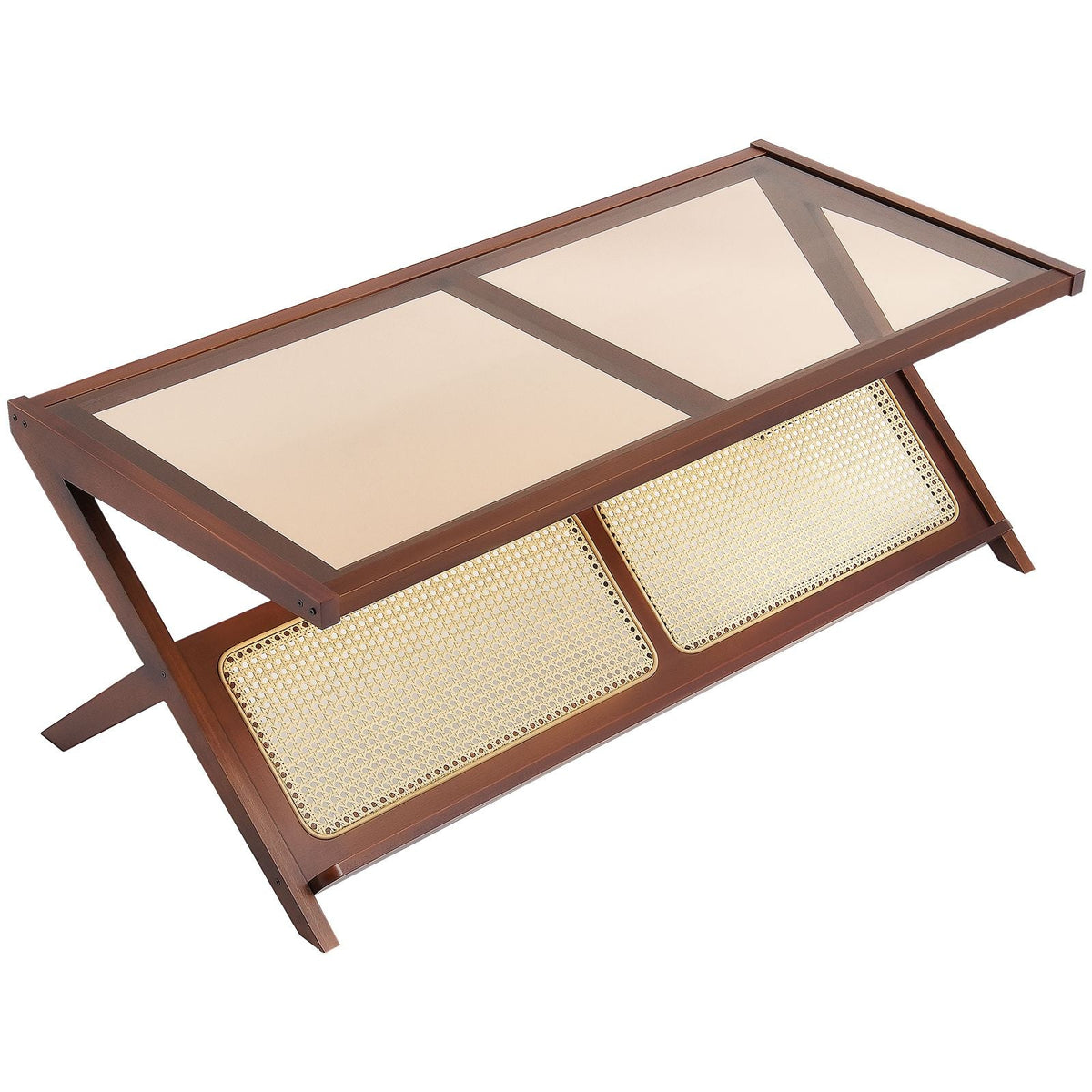 Rattan Coffee Table, Z-Shaped Rattan Woven Bamboo Coffee Table with Tempered Glass Top, 47' Modern Boho Storage Coffee Table with Natural Bamboo Legs, for Living Room, Bedroom & Small Spaces