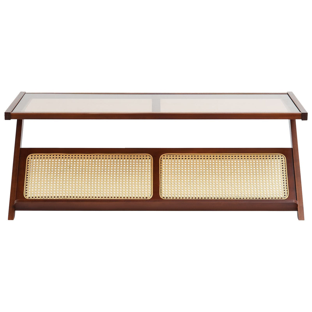 Rattan Coffee Table, Z-Shaped Rattan Woven Bamboo Coffee Table with Tempered Glass Top, 47' Modern Boho Storage Coffee Table with Natural Bamboo Legs, for Living Room, Bedroom & Small Spaces